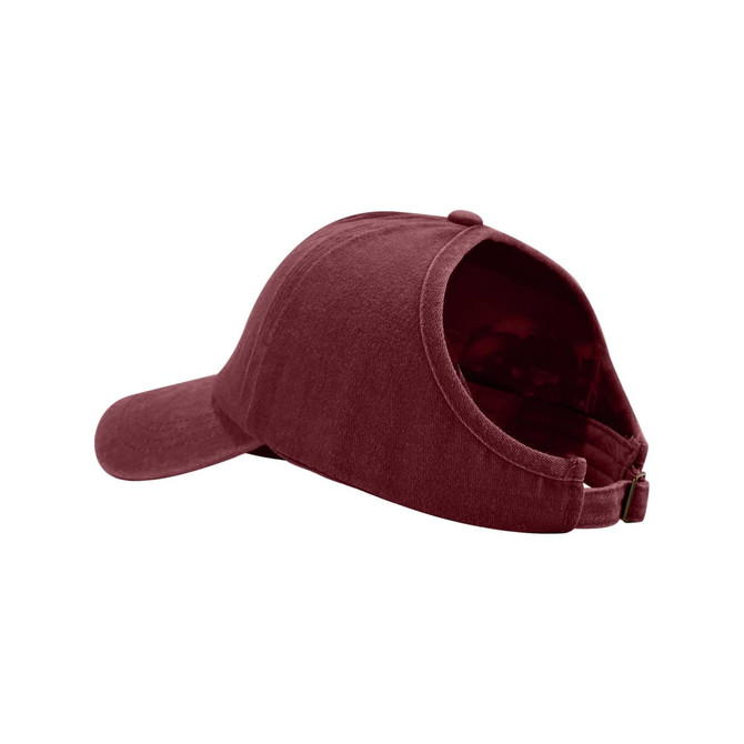 A maroon ponytail top hat with an open back design for hairstyle convenience. It features a logo on the side.