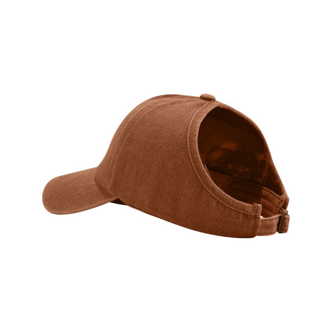 A brown cap designed with an open back for ponytails, featuring a curved visor. It has a simple logo.