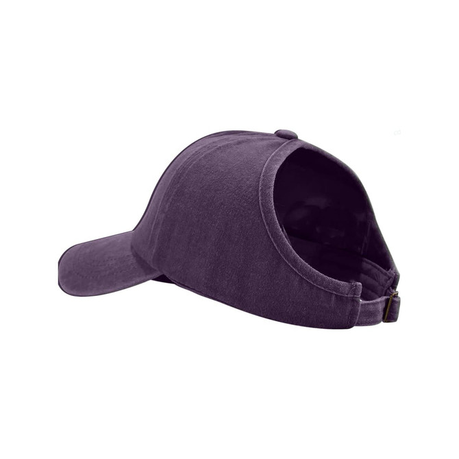 A purple Ponytail Top Hat with an open back for a ponytail. The hat has a curved brim and a soft texture.