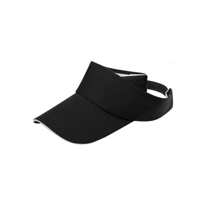 A black visor with a wide brim, featuring an adjustable strap and a simple design, includes a logo.