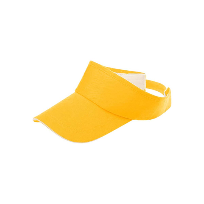 A yellow sandwich sun visor with a wide brim and an adjustable strap at the back. It features a branding logo.