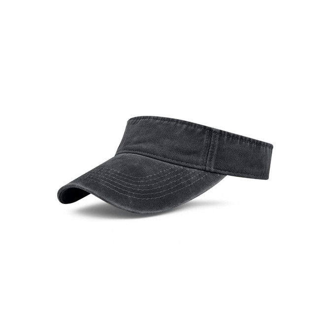 A washed black sun visor with a wide brim and a textured fabric, featuring an embroidered logo.