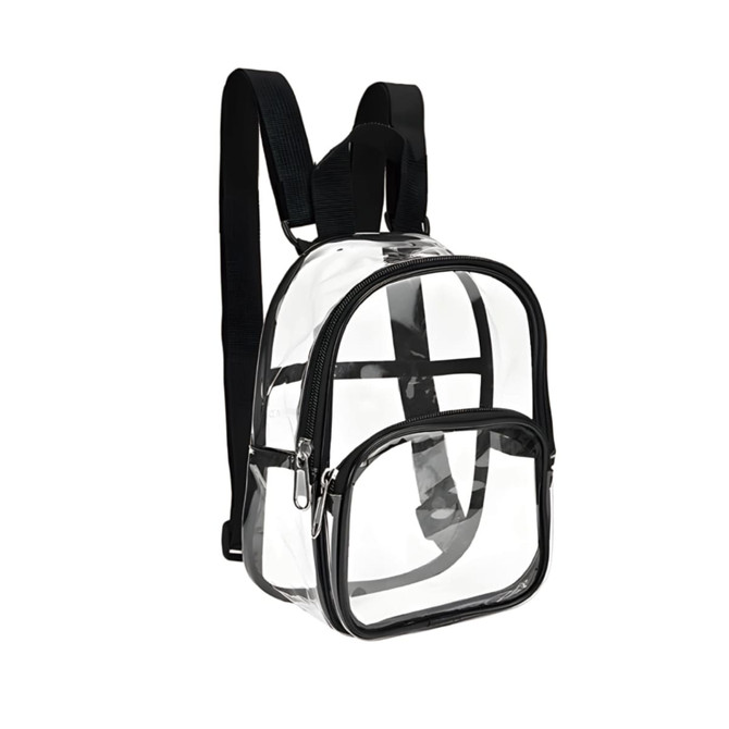 A clear mini backpack with black accents and straps, featuring a front zippered pocket.