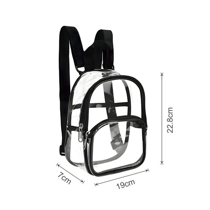 A clear mini backpack with black accents, featuring adjustable straps and dimensions visible.