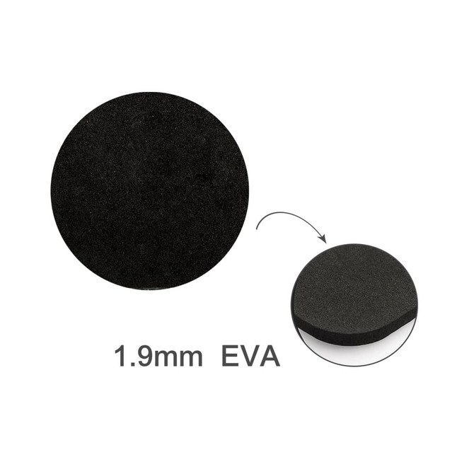 A round black frosted metal coaster, showing a smooth surface, with a slightly raised edge and an EVA backing.