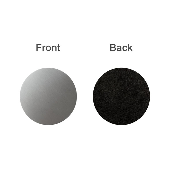 A round metal coaster featuring a shiny silver front and a black textured back, with a branding logo.