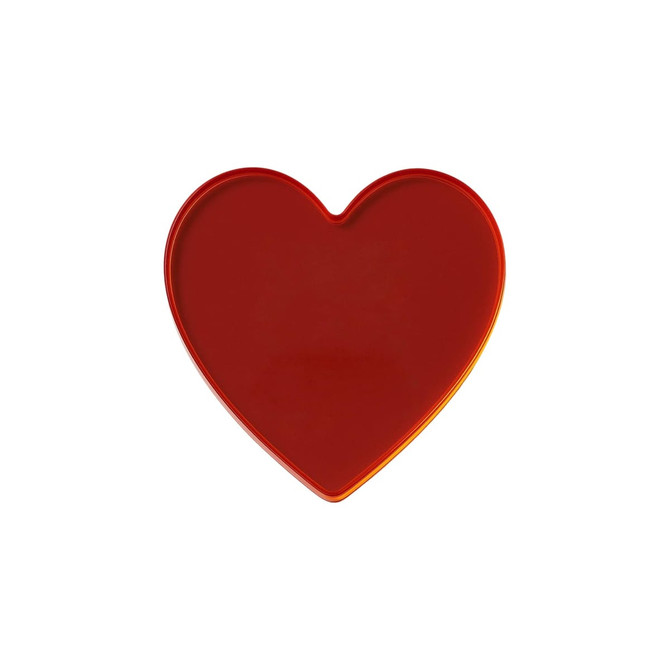 A heart-shaped acrylic coaster in a rich red colour, featuring a smooth, glossy finish.