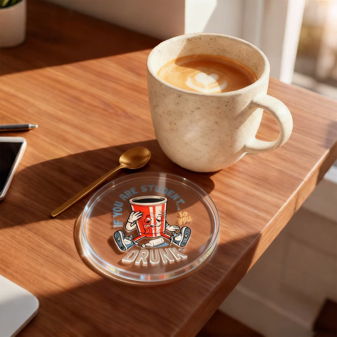 A clear acrylic coaster on a wooden table, with a coffee cup, spoon, and smartphone nearby. The coaster features a logo.