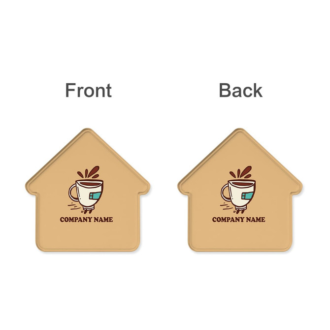 A two-sided, house-shaped coaster in beige featuring a cup and logo on both sides.