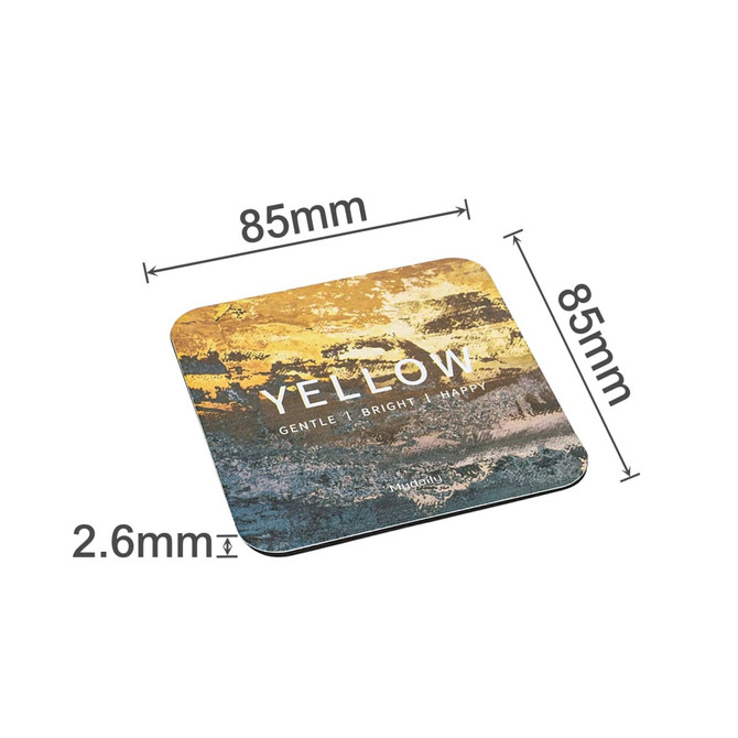 A square frosted metal coaster in shades of yellow and blue, measuring 85mm x 85mm and 2.6mm thick.