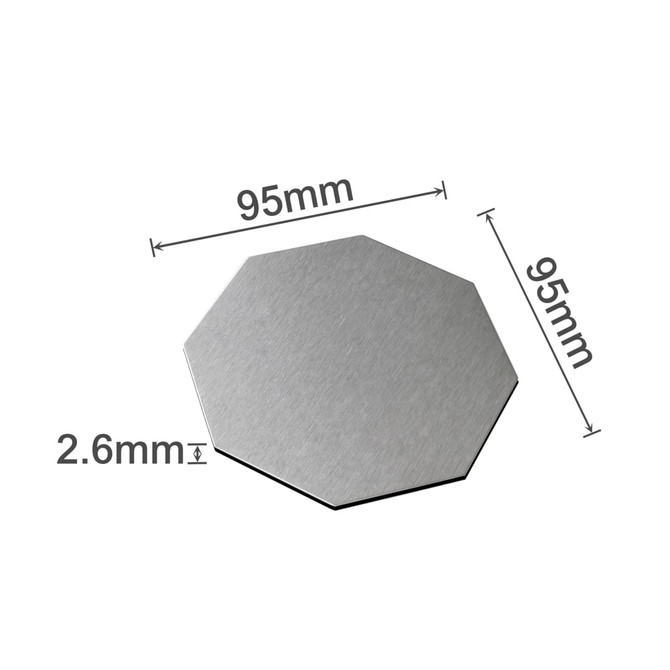 An octagonal metal coaster in silver, measuring 95mm in diameter and 2.6mm thick, with a sleek finish.
