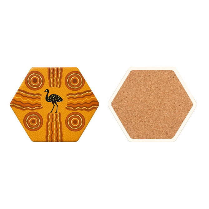 A hexagon ceramic coaster featuring a yellow design with Aboriginal art and a cork backing.
