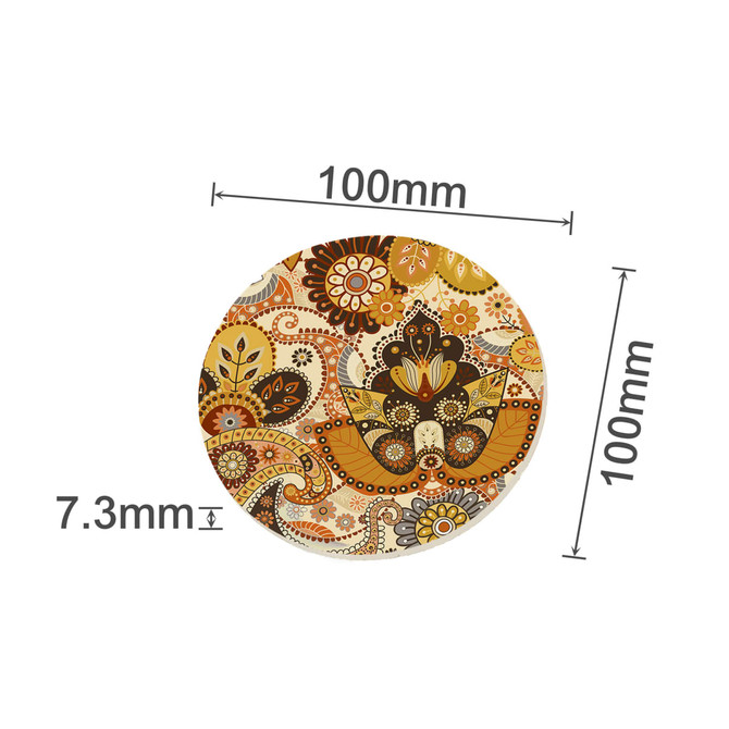 A round ceramic coaster with a vibrant floral design in orange, yellow, and brown tones. It has a measurement of 100mm.