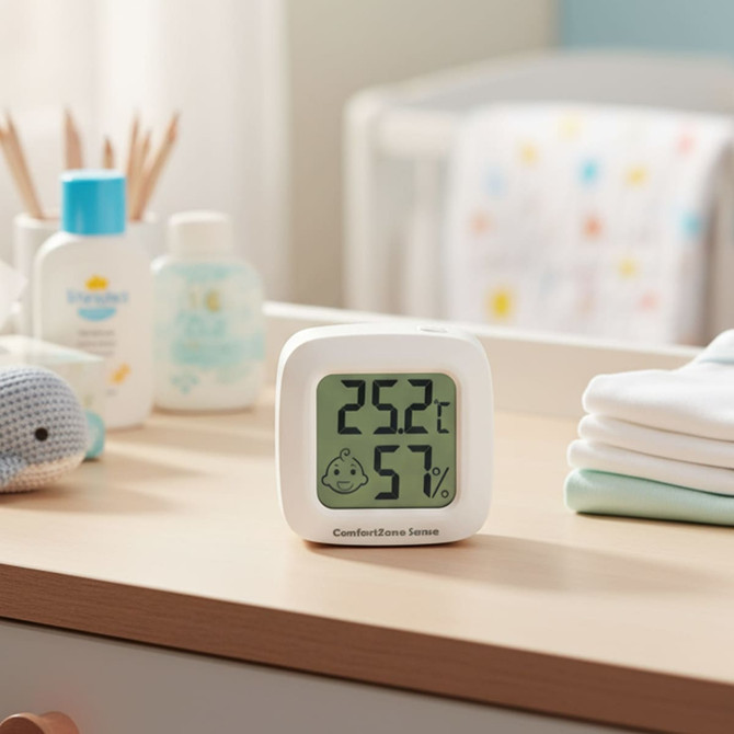 A white digital thermometer displaying temperature and humidity on a wooden table, with baby items in the background.