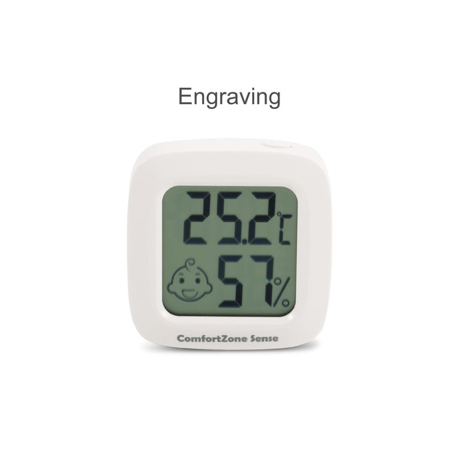 A mini digital thermometer and hygrometer in white, displaying temperature and humidity readings. It features a logo.