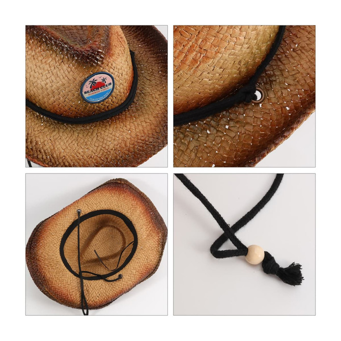 A straw cowboy hat with a textured finish, featuring a decorative logo and a black chin cord.