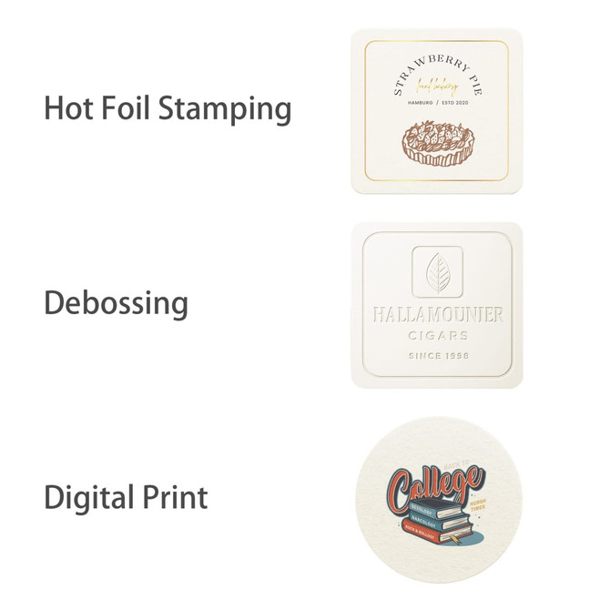 A round absorbent paper coaster in cream with a digital print design featuring a college theme and a branded logo.