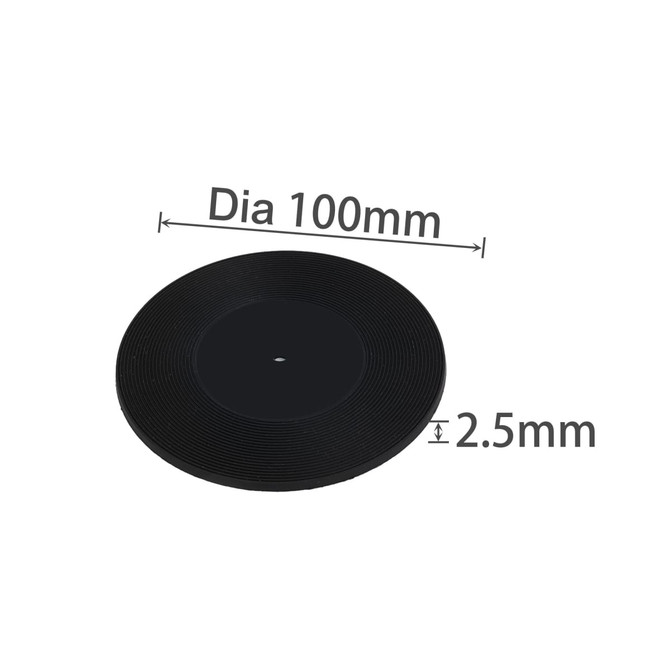 A black coaster resembling a vinyl record, measuring 100mm in diameter and 2.5mm thick, with a central hole and grooves.
