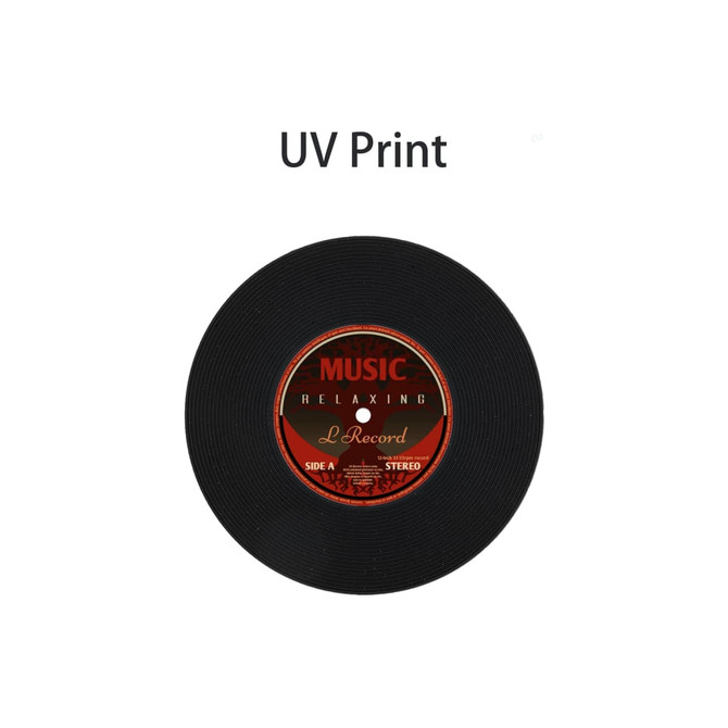 A black vinyl coaster featuring a red and orange label with the word "Music" and decorative elements.