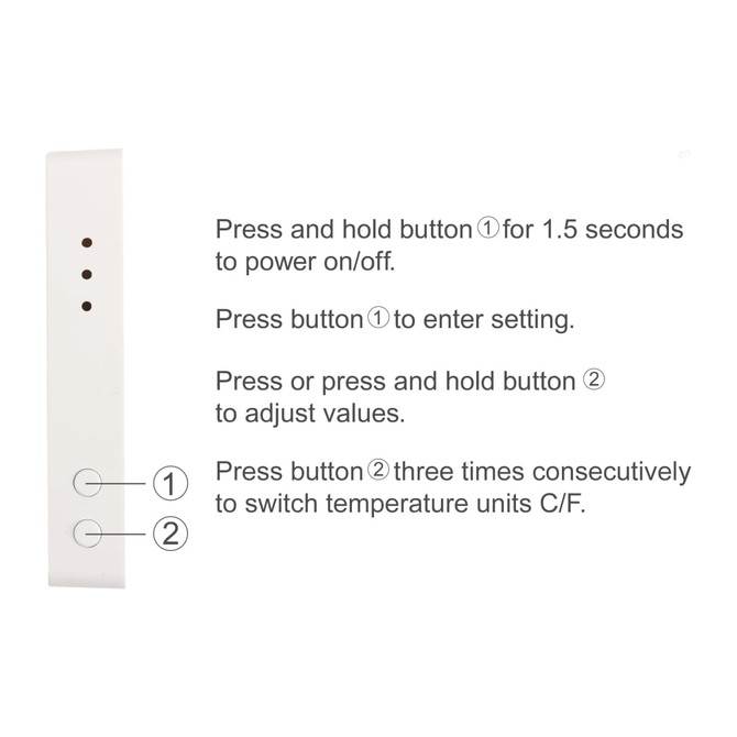 A white digital thermometer with buttons for settings and temperature unit adjustments. Features three indicator dots.