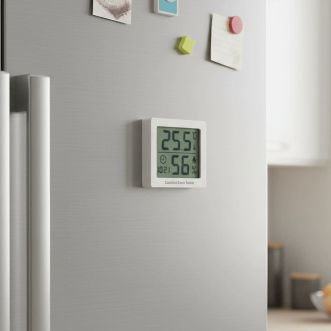 A digital temperature humidity thermometer in white mounted on a silver fridge, displaying temperature and humidity readings.