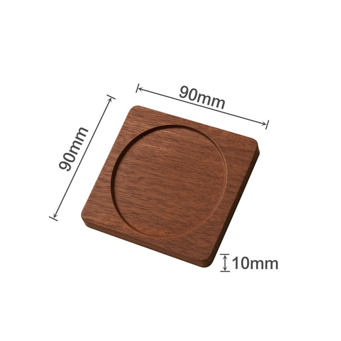 A wooden coaster in a rich brown colour, featuring a square shape with a circular centre, measuring 90mm x 10mm.