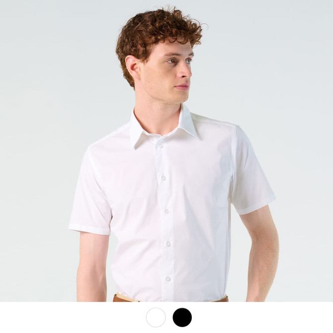 A short sleeve button-up shirt in white, featuring a front button closure and a branding logo.