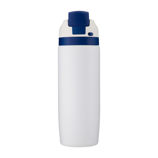 A drink bottle in white with a navy blue lid and a logo on it.