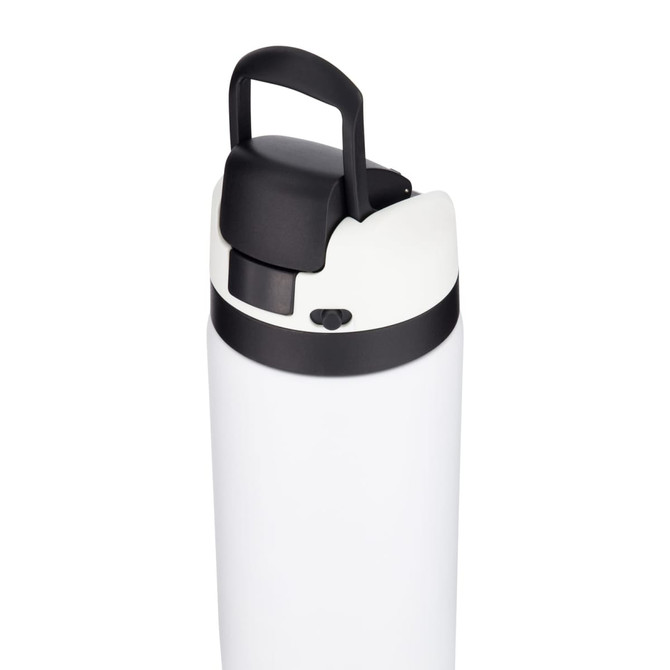 A drink bottle in white with a black lid and handle, featuring a simple design and a logo.