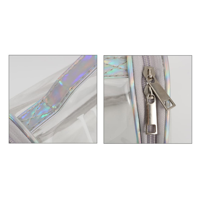 A transparent cosmetic bag with a shimmering silver zipper and strap, featuring a logo on the zipper pull.