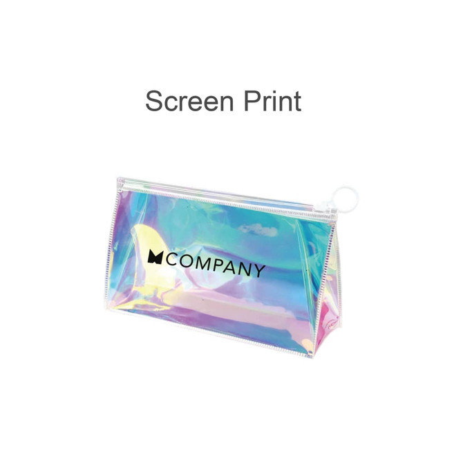 A holographic cosmetic bag with a transparent design and a zip closure, featuring a logo.
