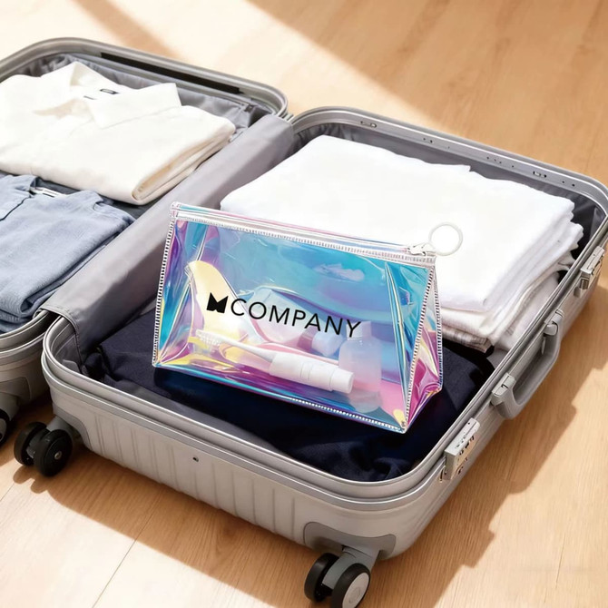 A holographic cosmetic bag with a zip lock, placed inside a suitcase next to neatly folded clothing.