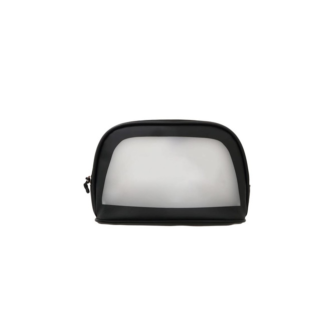 A waterproof transparent cosmetic bag in black with a clear front panel and a sleek design. It has a zipper closure.