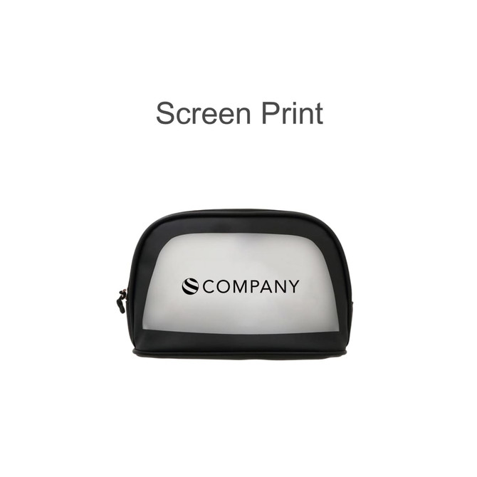 A waterproof transparent cosmetic bag with a black and clear design, featuring a logo on the front.