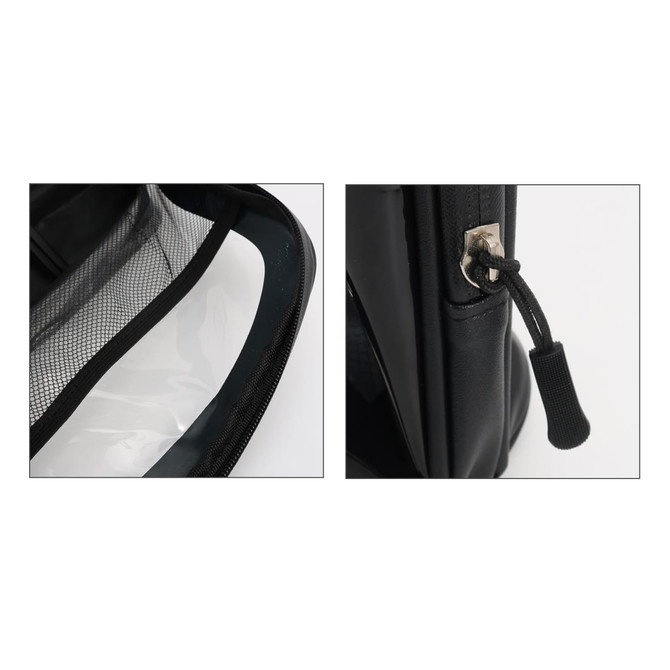 A black waterproof transparent cosmetic bag featuring mesh pockets and a zipper closure. It has branding on the side.