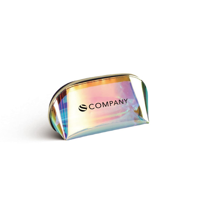 A holographic cosmetic pouch with a zip closure and a logo, featuring iridescent colours.