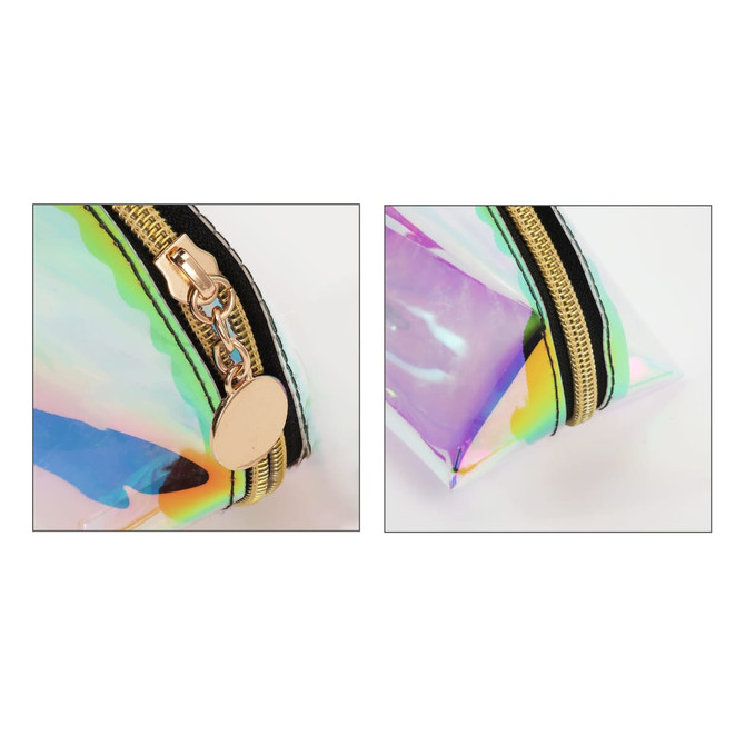 A holographic cosmetic pouch with a zip closure and gold hardware, featuring an iridescent surface and black trimming.