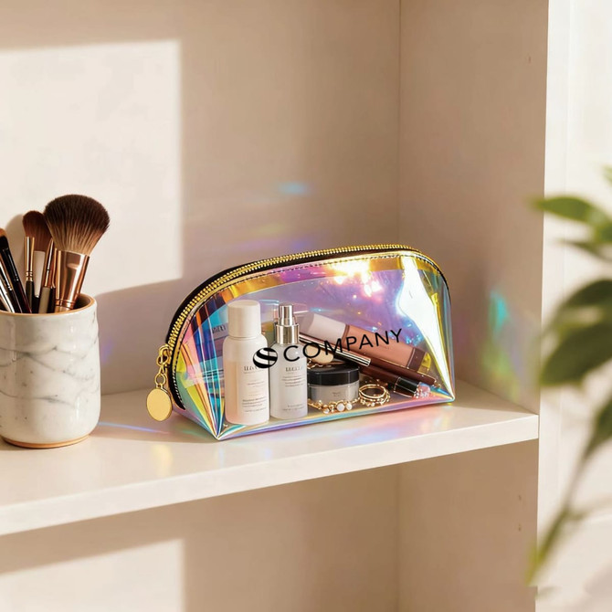 A holographic cosmetic pouch sits on a shelf, filled with skincare products and makeup, alongside makeup brushes.