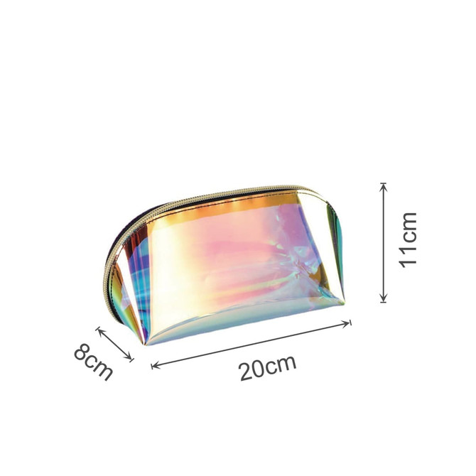 A holographic cosmetic pouch with a shiny, iridescent finish, measuring 20cm long, 11cm high, and 8cm deep.