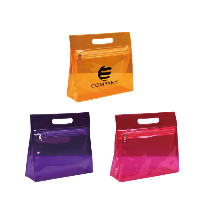 A set of transparent cosmetic pouches in orange, purple, and red, each with a zip and handle. Each pouch features a logo.