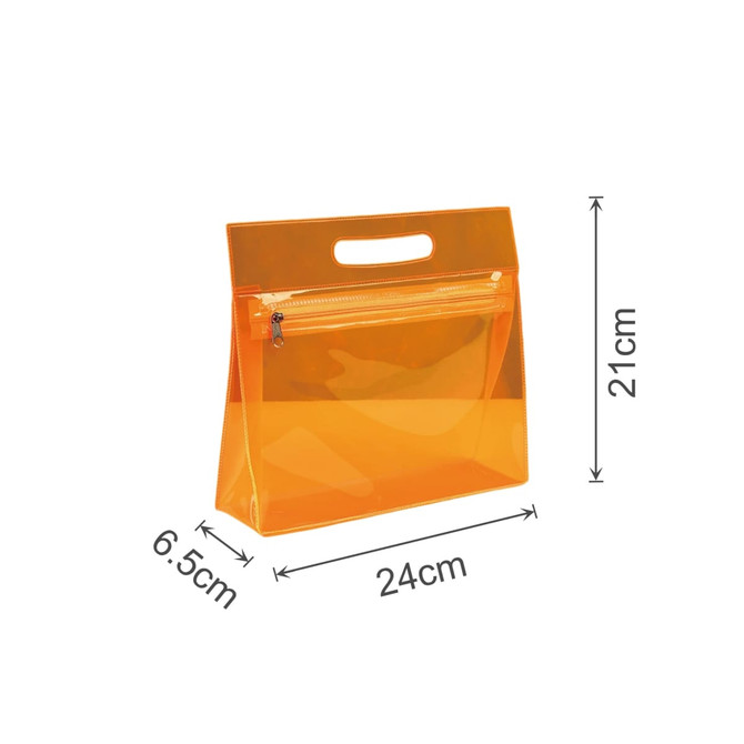 An orange transparent cosmetic pouch with a handle and a zipper pocket, featuring measurements of 24cm x 21cm x 6.5cm.