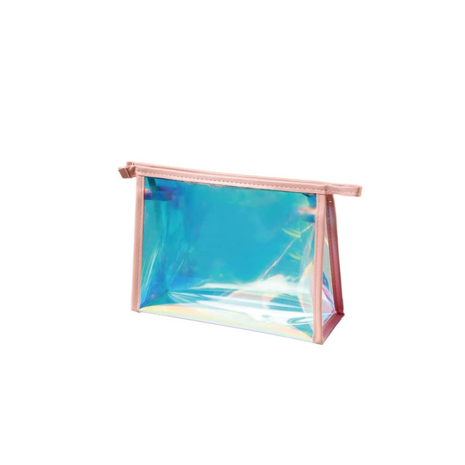 A transparent travel cosmetic bag with an iridescent finish and pink accents. It features a zip closure.