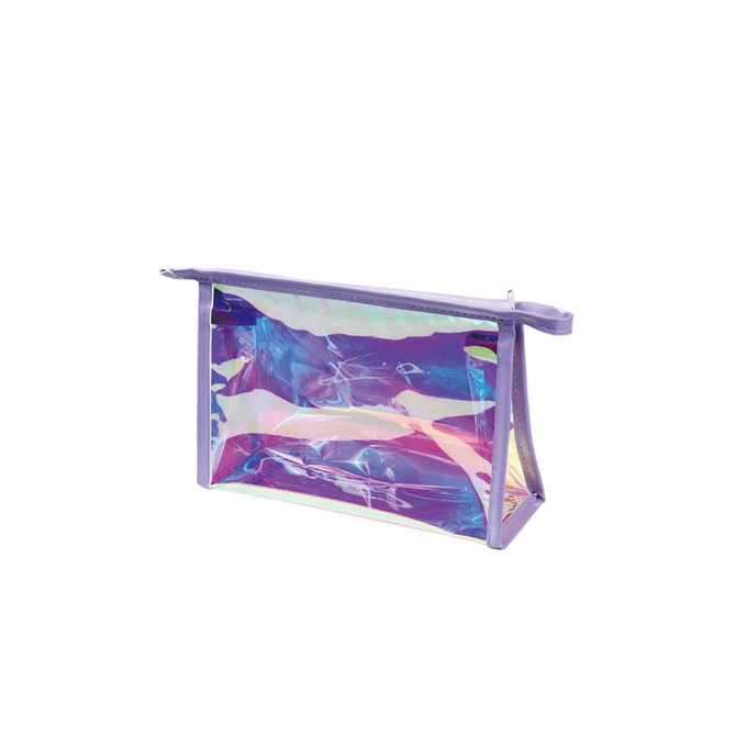 A holographic cosmetic bag in purple with a shiny, reflective surface and a zip closure.