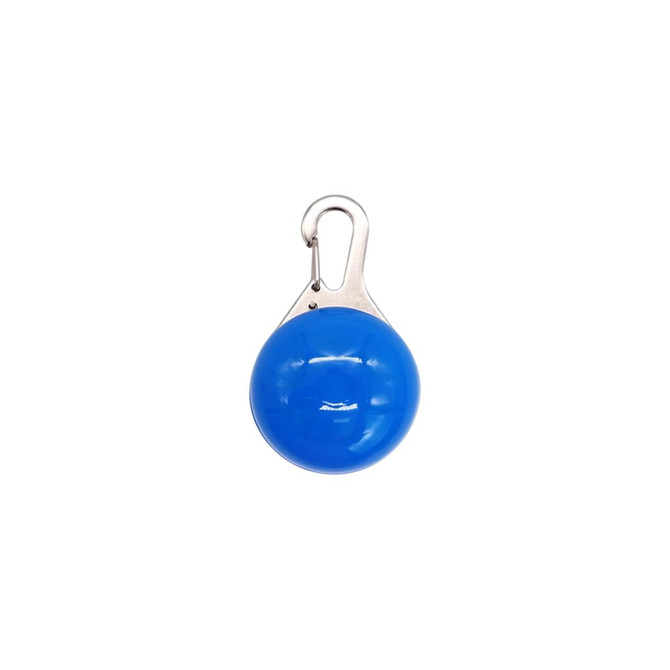 A blue LED light attached to a metal clip, designed for dog walking. It features a shiny, smooth surface.