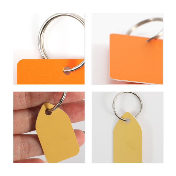Custom shape plastic key tags in vibrant orange and yellow, attached to a metal ring for easy carrying.