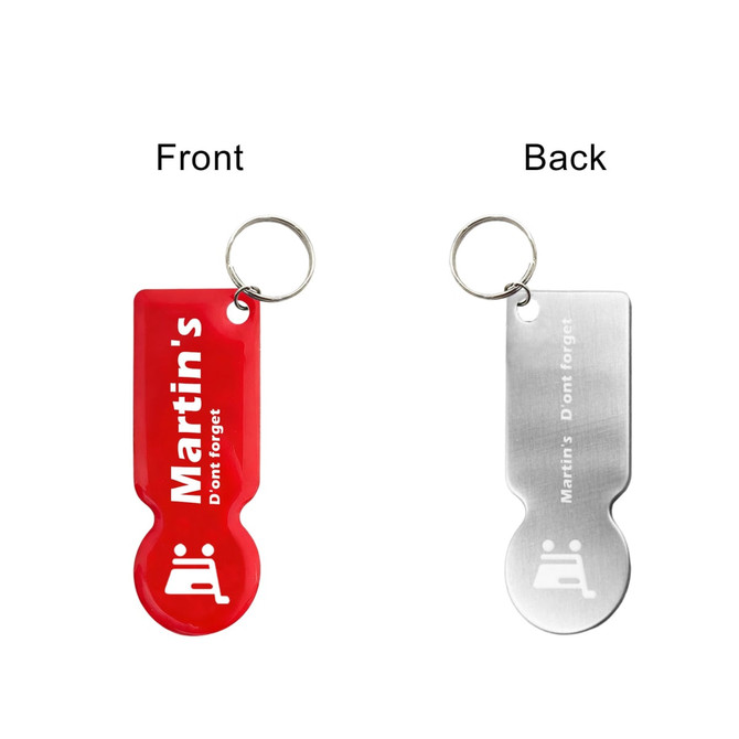 A red and silver custom shape trolley coin keyring with a metal ring. The front features text; the back is plain.