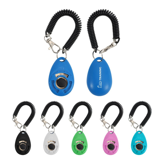 A training clicker in various colours including blue, black, white, green, and pink, with a coiled lanyard for attachment.