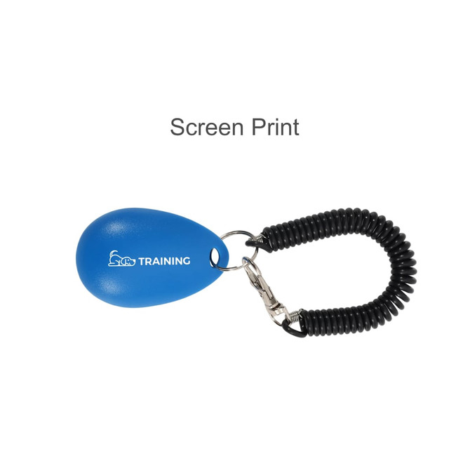 A blue pet training clicker with a coiled lanyard and a clip for attachment.