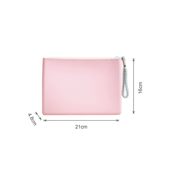 A pink silicone cosmetic pouch with a zipper, measuring 21cm by 16cm by 4.8cm, featuring a wrist strap.