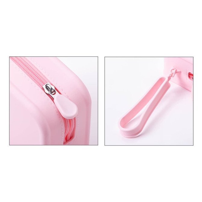 A pink square silicone coin pouch featuring a zip closure and a loop for easy carrying. It includes a logo.
